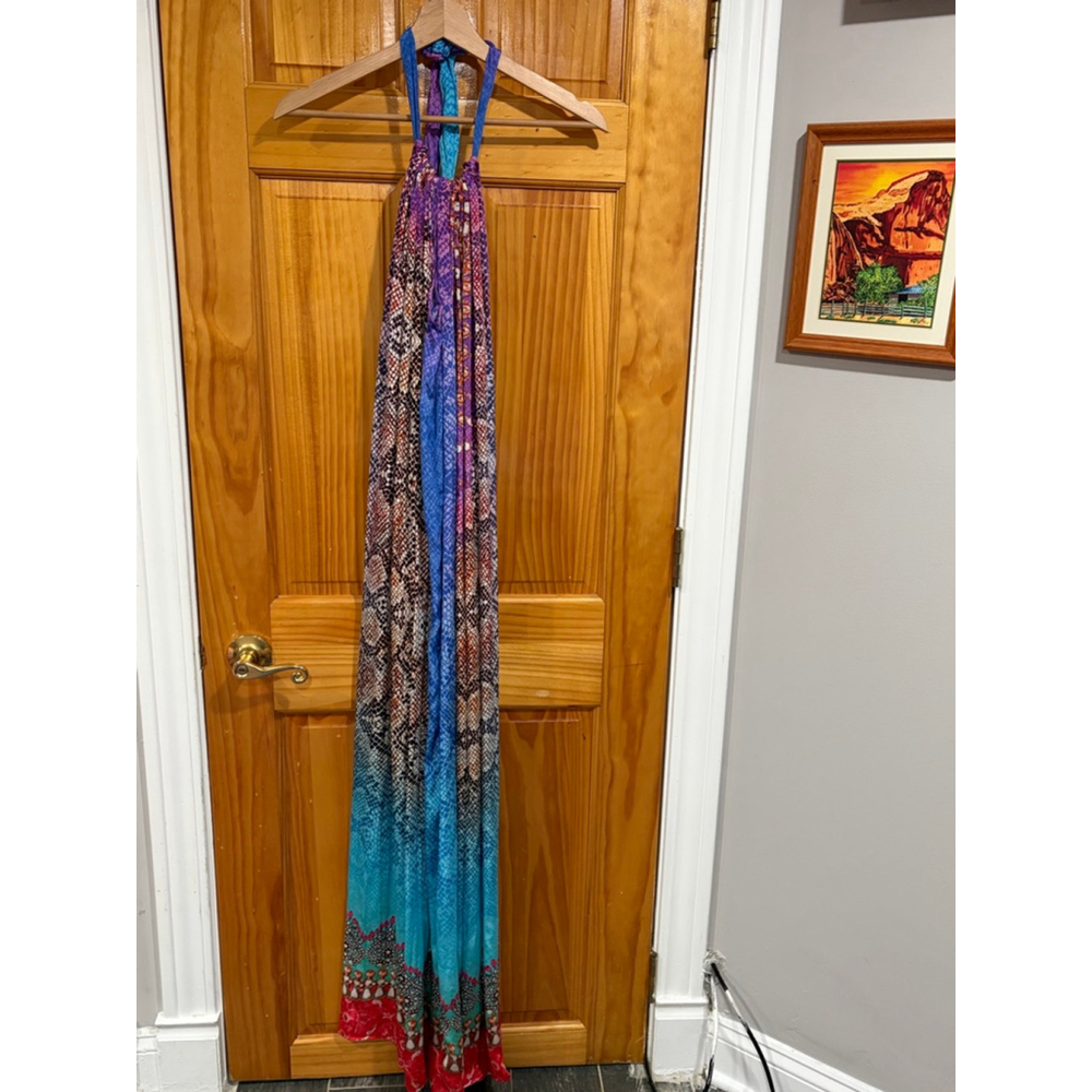 Vibrant Multi-Pattern Halter Maxi Dress in Turquoise & Purple